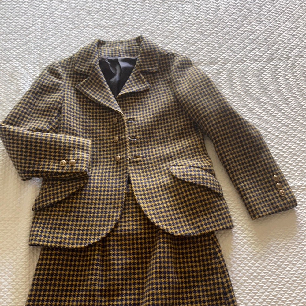Vintage Wool Suit, Blue and Yellow Houndstooth, Lined Wool, Saks Fifth Avenue